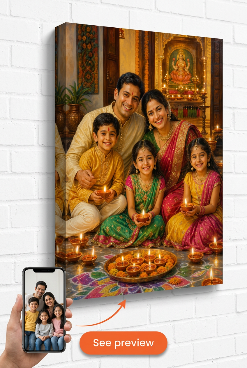 Custom Cultural Family Portrait — Festive Diwali Canvas from Photo