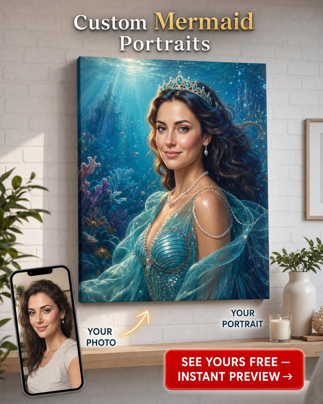 Custom Ocean Woman Portrait — Serene Sea Princess Canvas