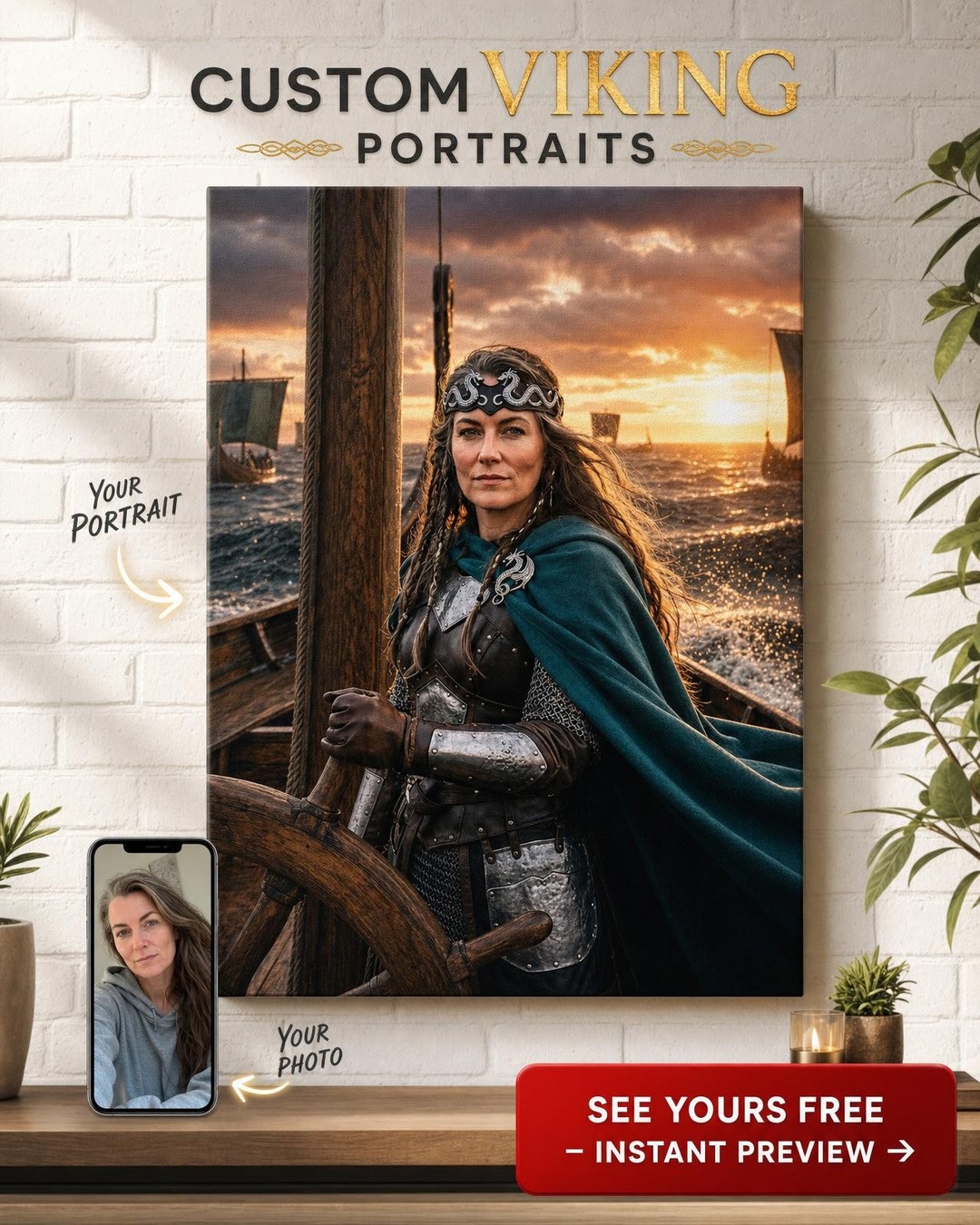 Custom Viking Woman Portrait — Regal Warrior Canvas from Photo