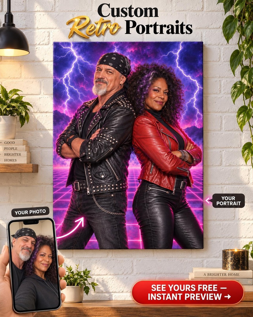 Back-to-Back '80s Rock Legends Custom Portrait from Photo | Personalized Musician Portrait Gift