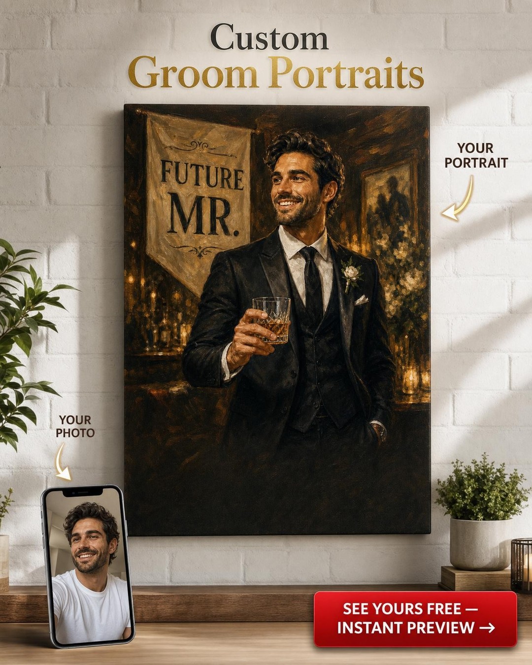 Future Mr. Bachelor Canvas — AI-regenerated portrait personalized with names