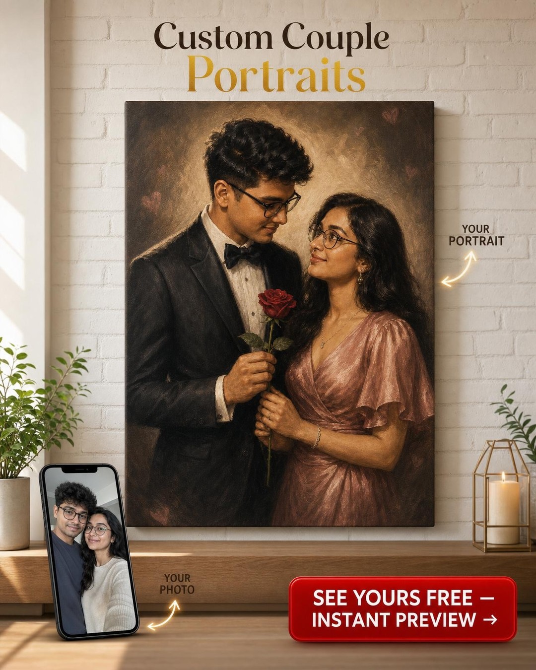 Custom Valentine 1940s Hollywood Couple Portrait — AI-regenerated portrait perso