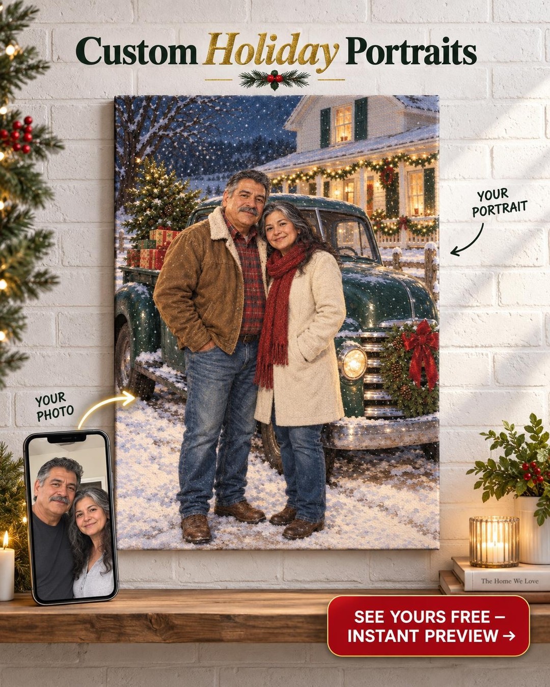 Country Christmas Pickup Truck Custom Portrait from Photo | Personalized Pickup Truck Gift