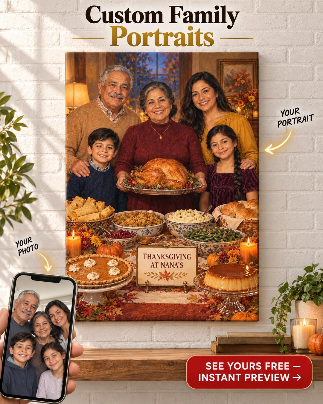 Thanksgiving Family Hostess Custom Portrait from Photo | Personalized Canvas Gift