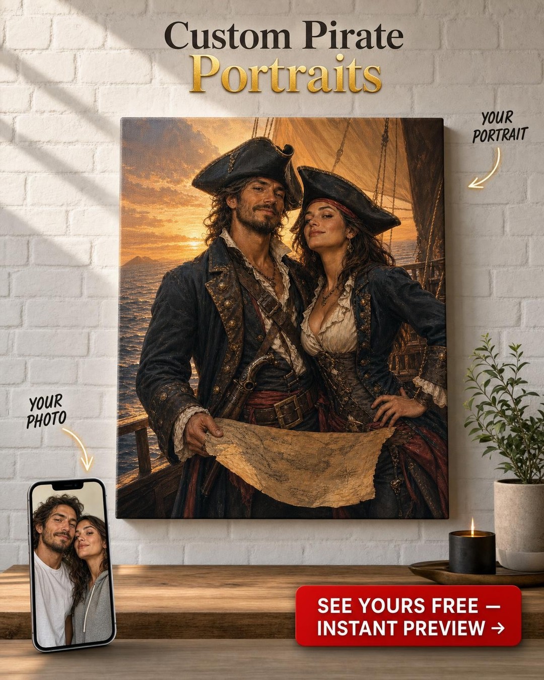 Pirates of the Sunset Sea Custom Portrait from Photo | Personalized Couple Gift