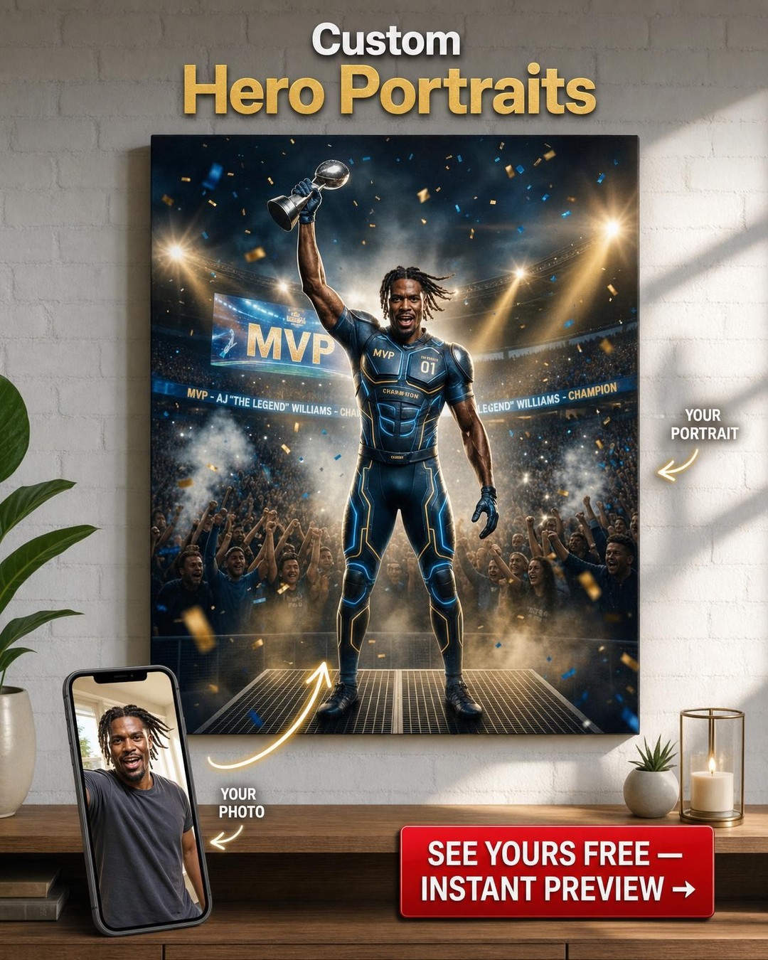 Custom Athlete Portrait for Man — Heroic Stadium Canvas