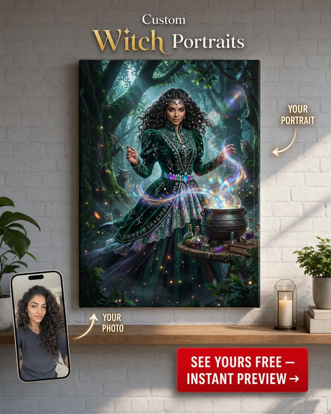 Custom Fantasy Woman Portrait — Whimsical Witch Canvas from Photo