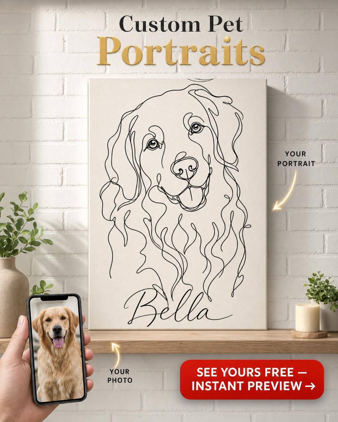 Custom Line Drawing Dog Portrait — Whimsical Pet Canvas from Photo