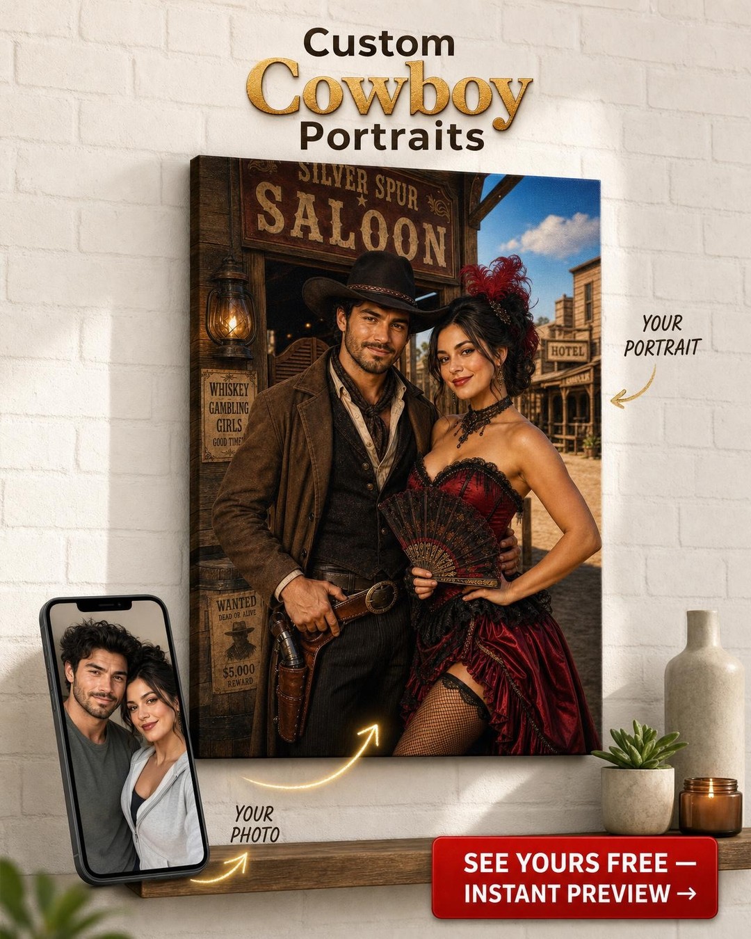 Custom Cowboy Couple Portrait — Romantic Western Canvas