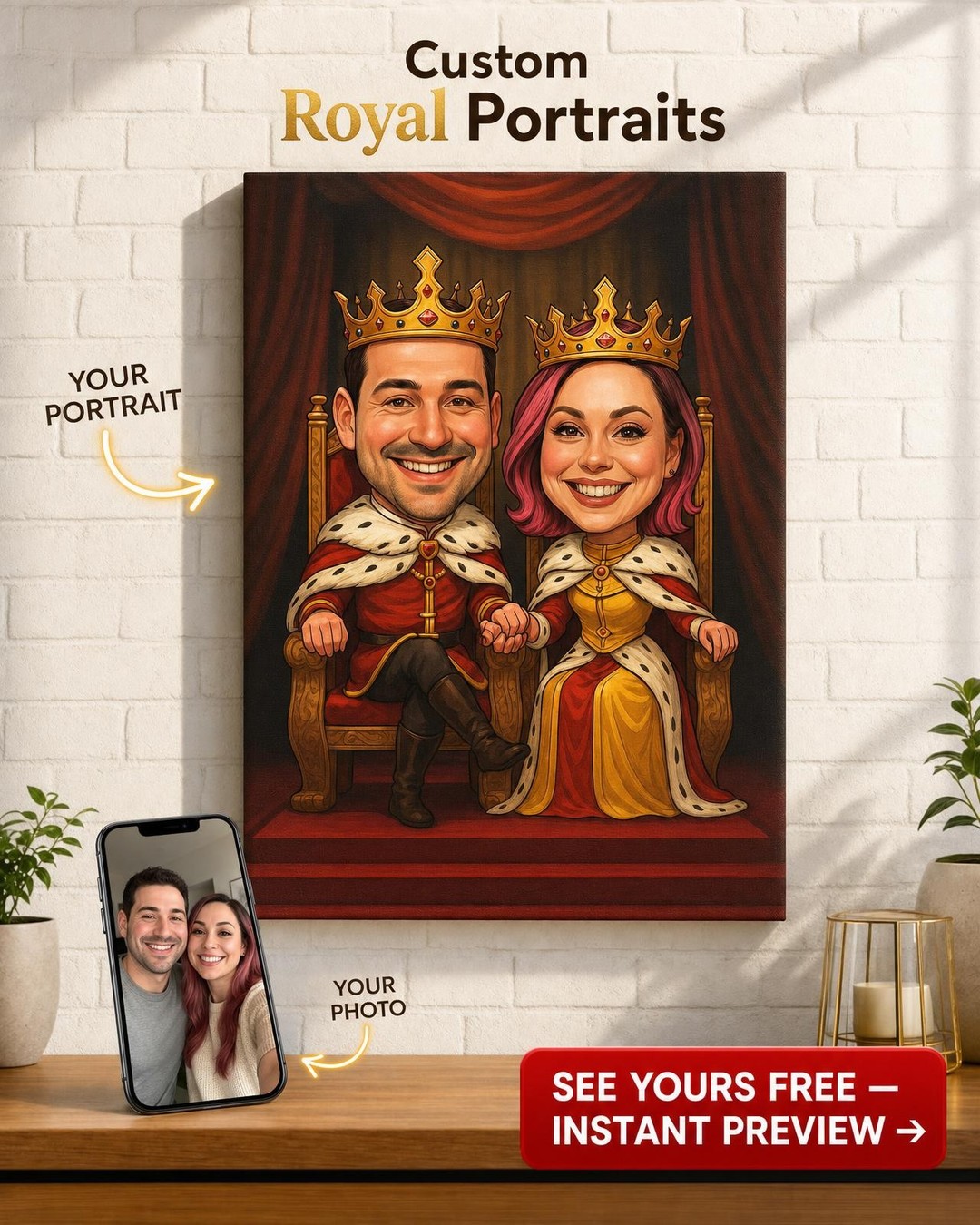 Custom Royal Couple Portrait — Regal Throne Canvas from Photo