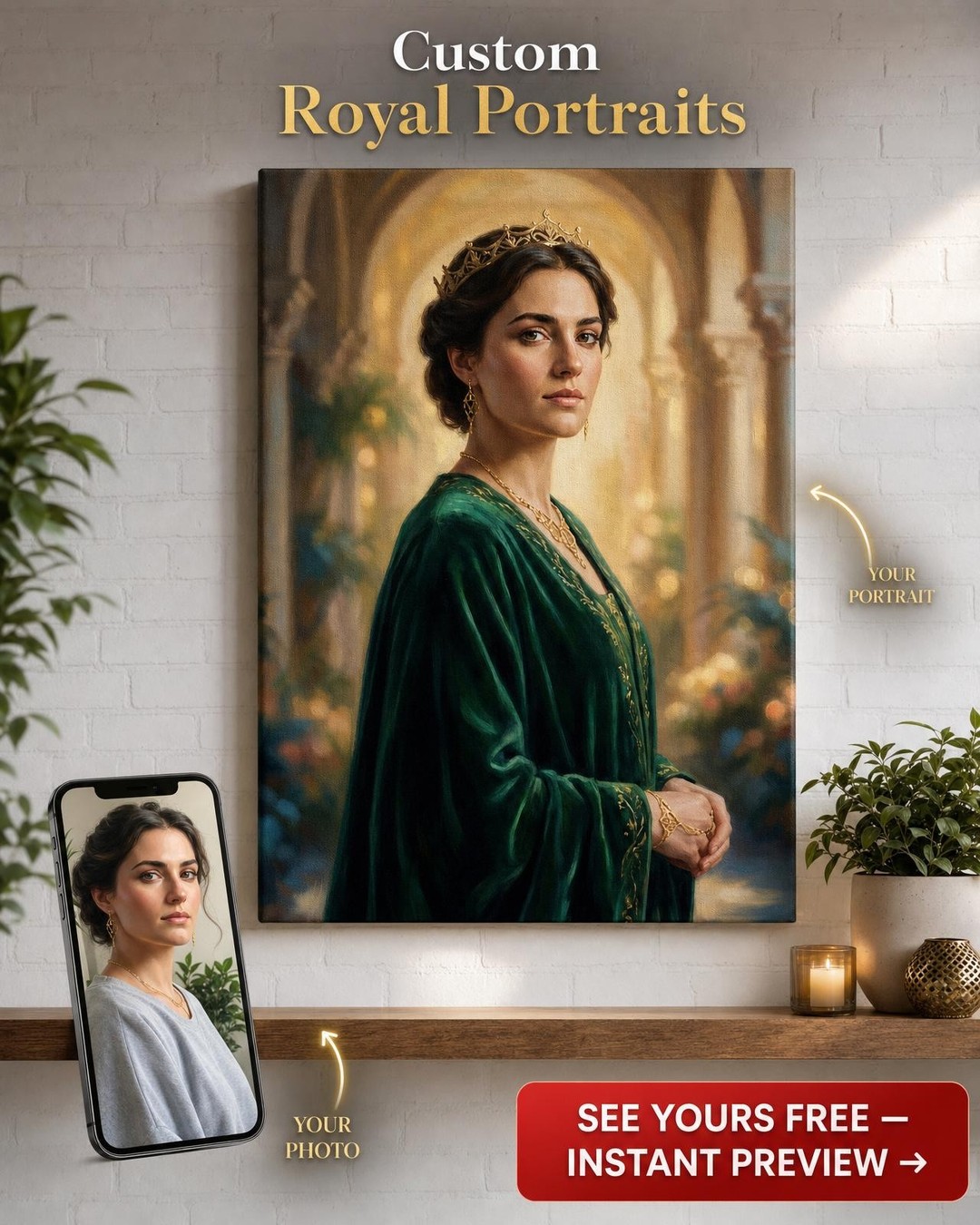 Custom Royal Woman Portrait — Regal Canvas from Photo
