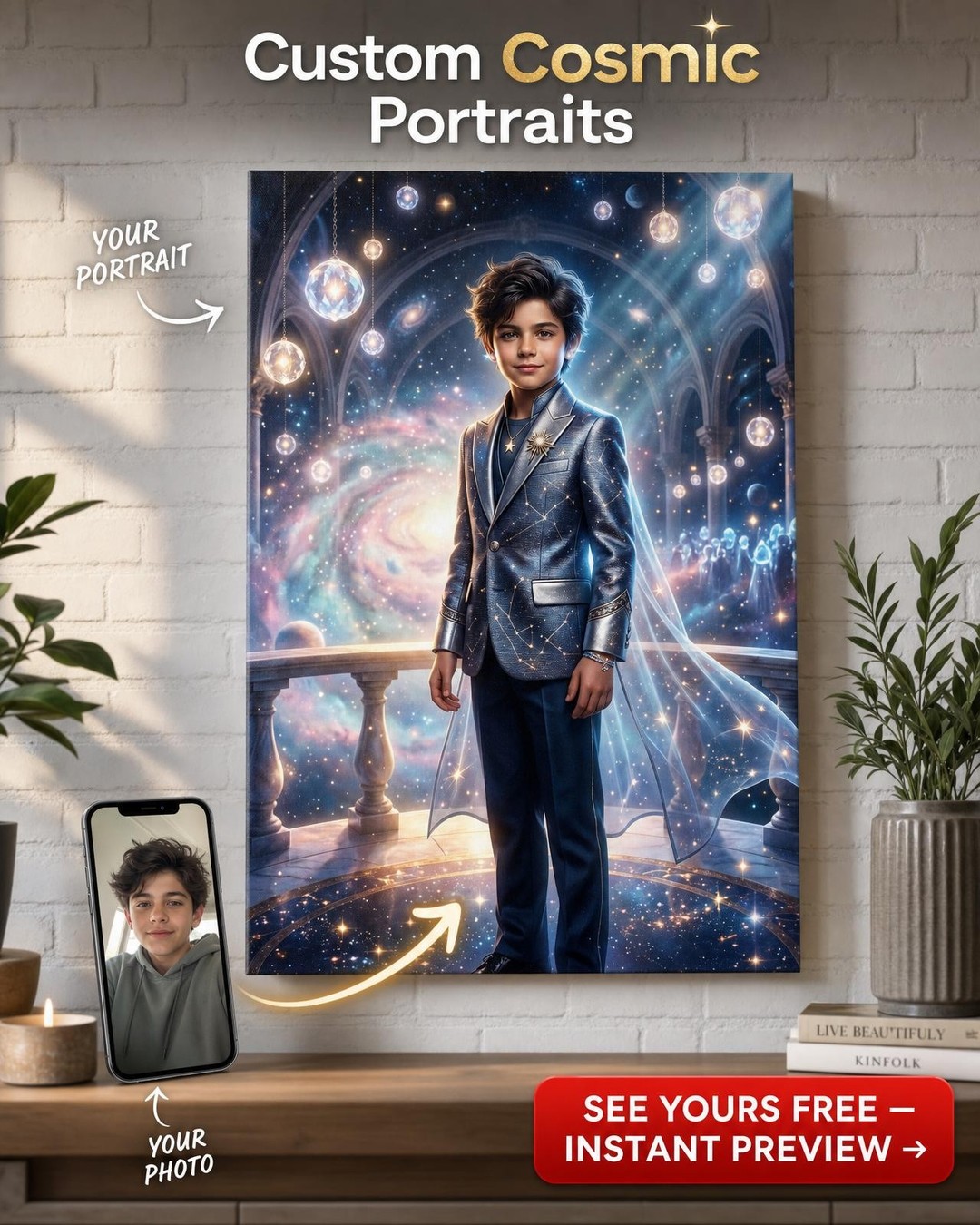 Custom Fantasy Boy Portrait — Cosmic Suit Canvas with Stars