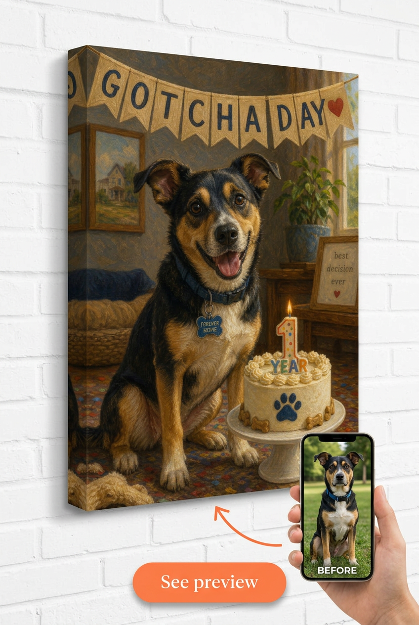 Pet Gotcha Day Anniversary Portrait — photoreal canvas with 