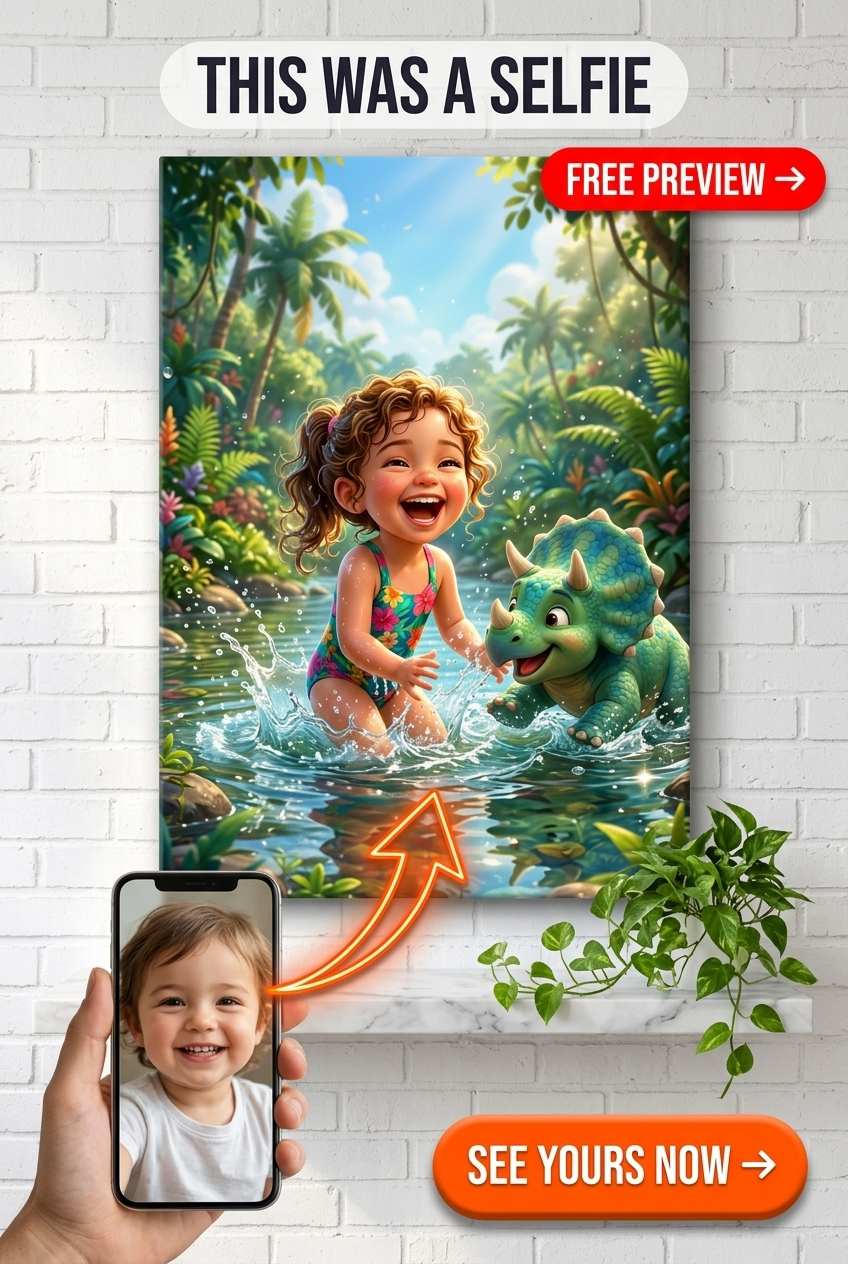 Custom Jungle Family Portrait — Whimsical Dinosaur Canvas for Girl