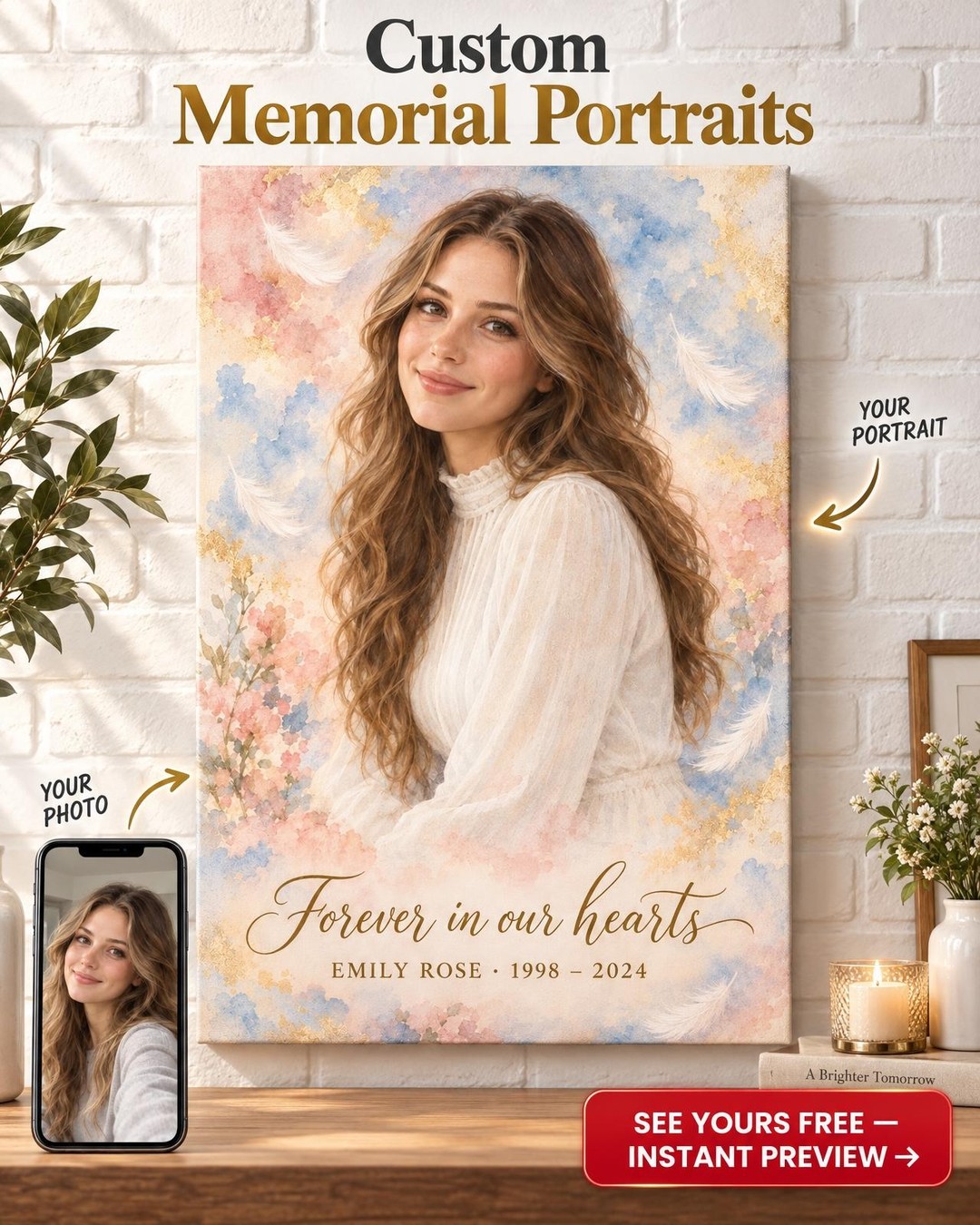 Forever in Our Hearts Watercolor Daughter Memorial Portrait Custom Portrait from Photo | Personalized Daughter Memorial Gift