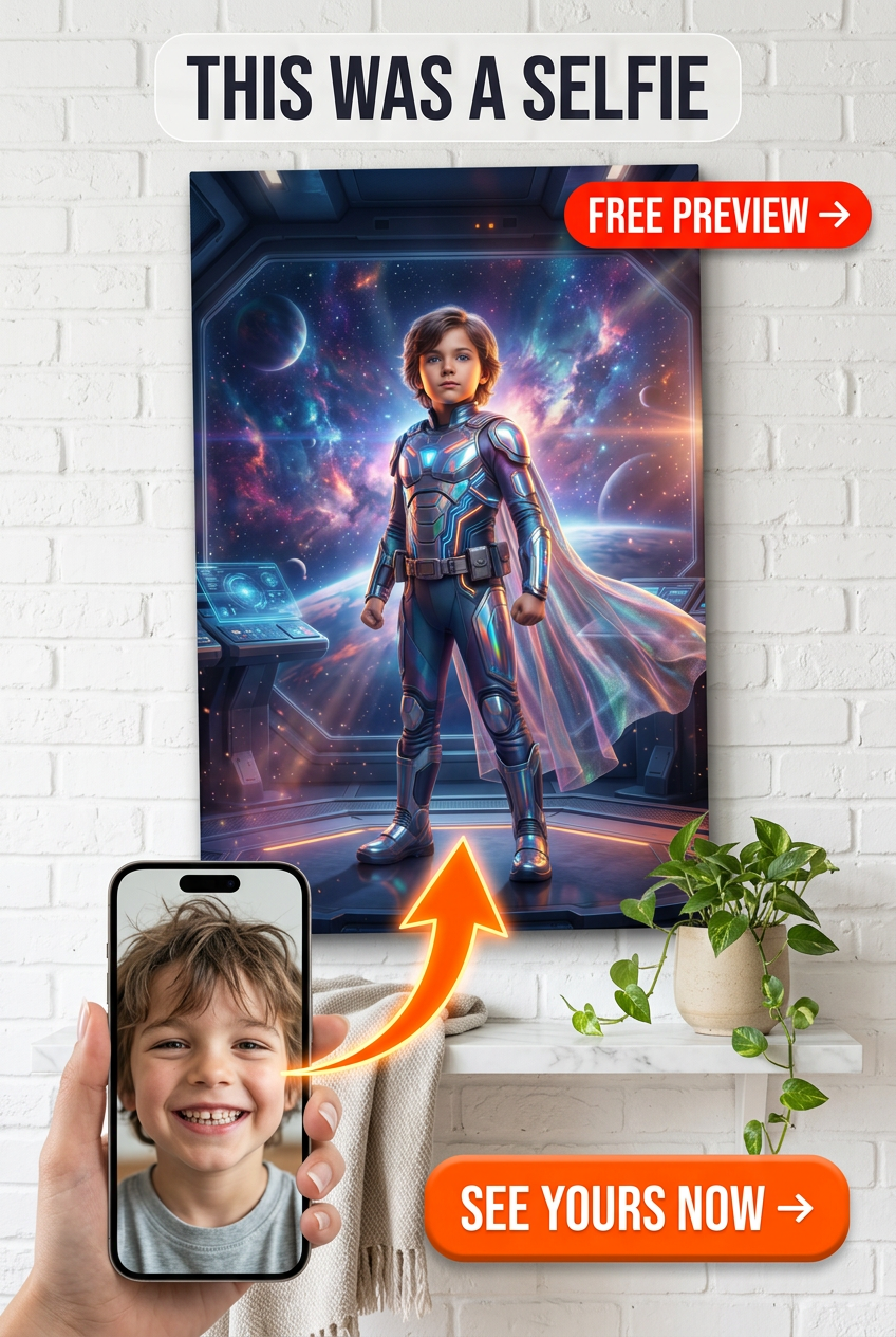 Custom Superhero Boy Portrait Canvas — Heroic Space Adventure