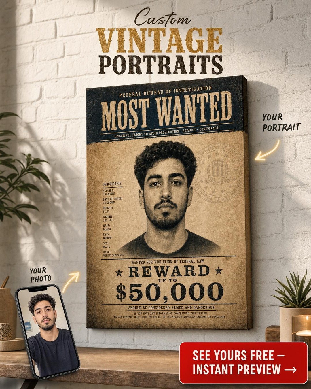 FBI Most Wanted Poster Custom Portrait from Photo | Personalized Canvas Gift