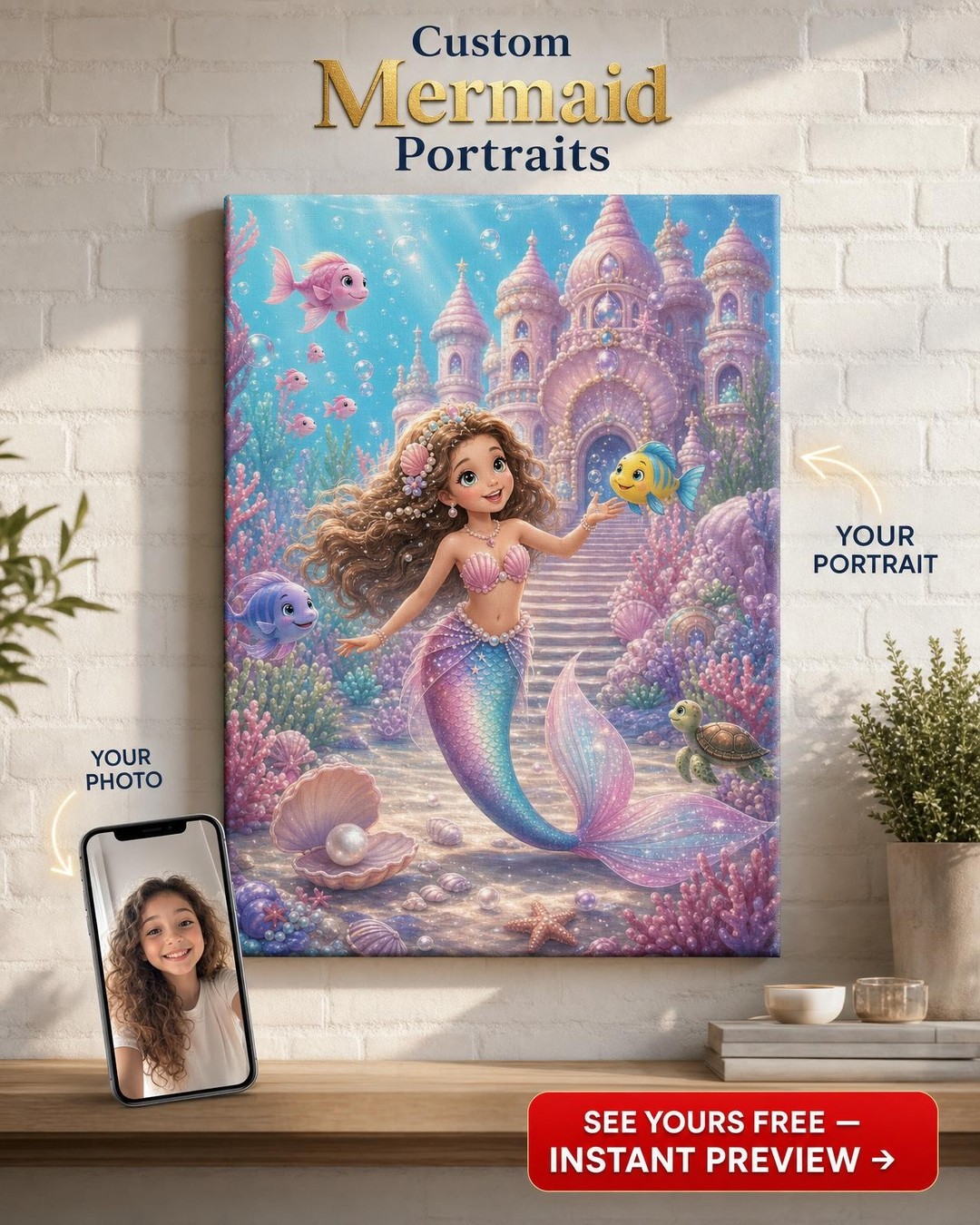 Shell Castle Little Mermaid Custom Portrait from Photo | Personalized Canvas Gift