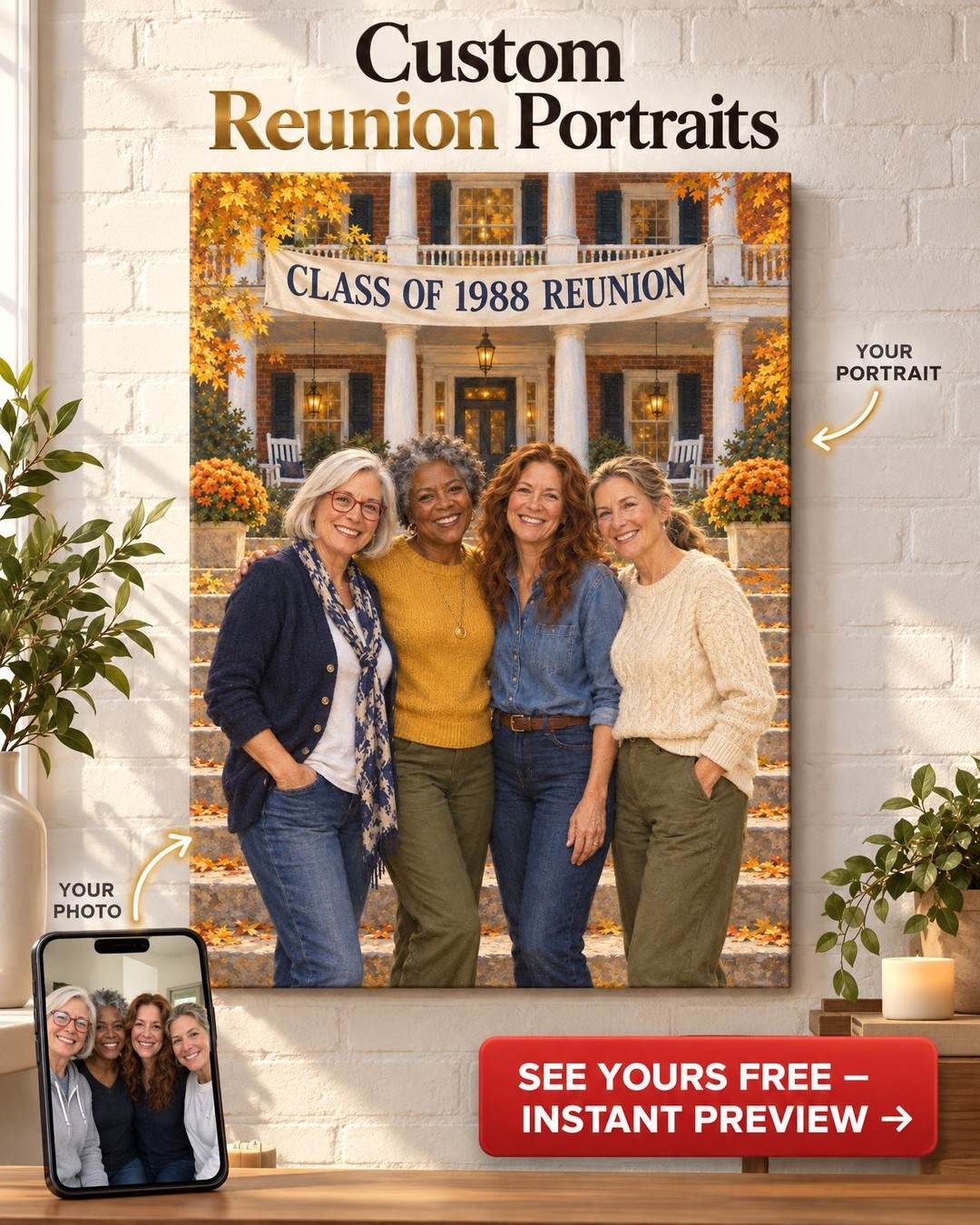 The Girls Reunion Weekend Custom Portrait from Photo | Personalized Campus Portrait Gift