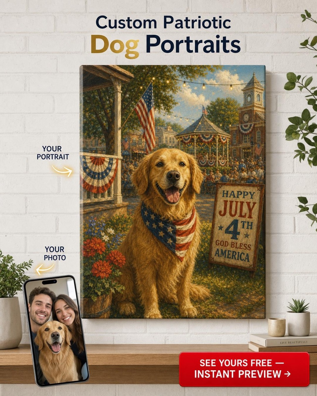 Vintage Americana Dog Portrait Custom Portrait from Photo | Personalized Canvas Gift