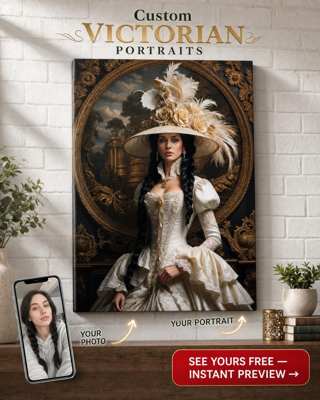 Baroque Feathered Queen Custom Portrait from Photo | Personalized Gift