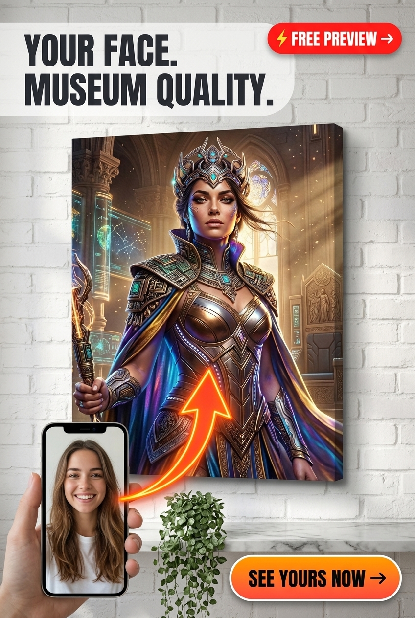 Custom Sci-Fi Woman Portrait — Regal Crown & Armor Canvas