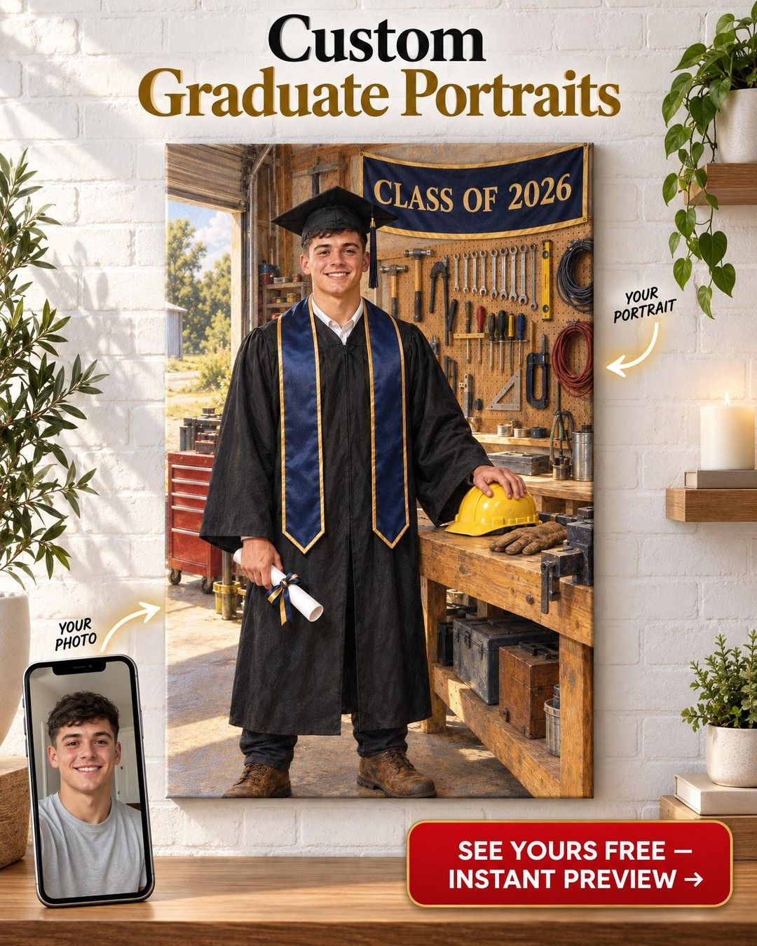 Trade School Graduation Custom Portrait from Photo | Personalized Graduation Gift
