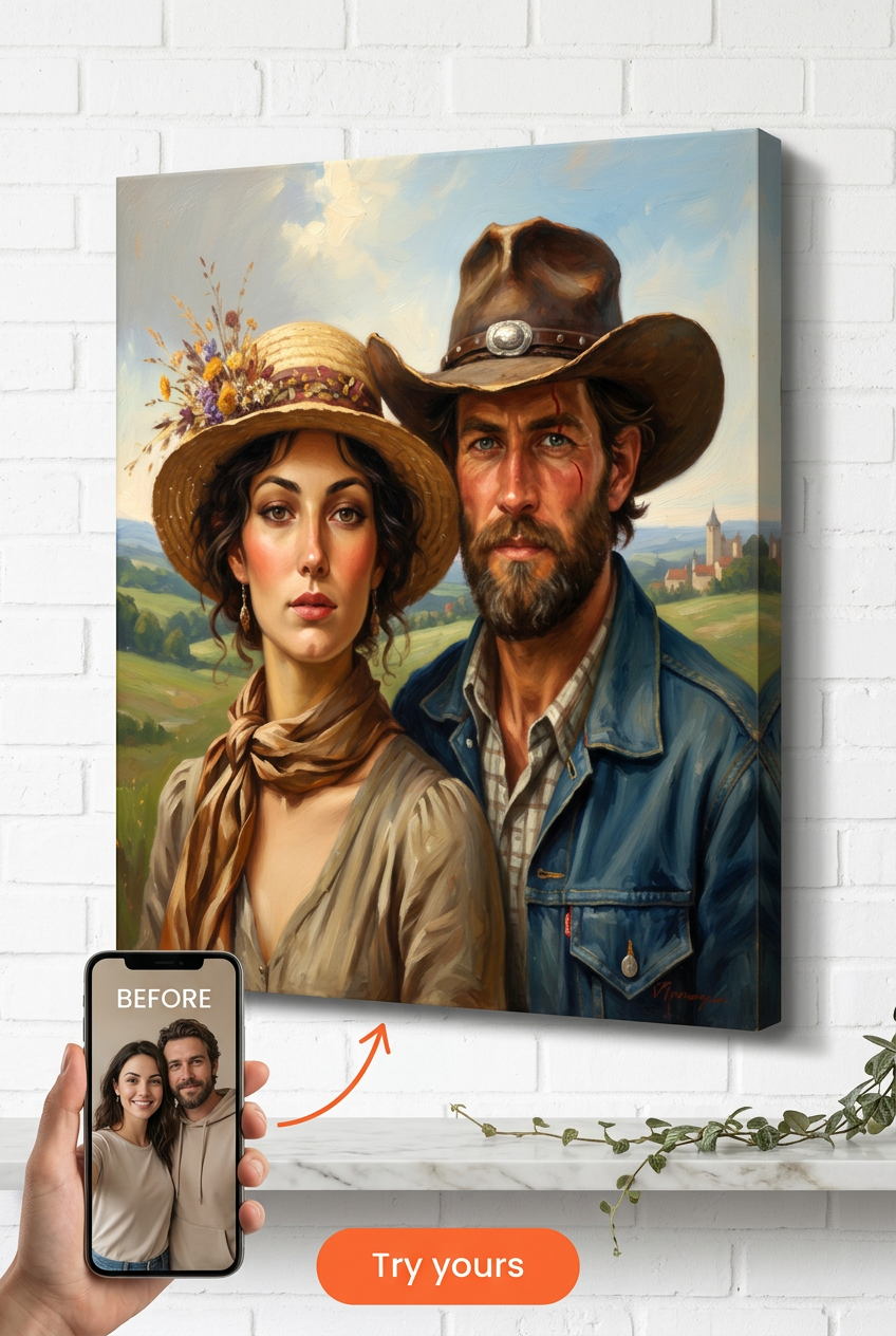 Custom Cowboy Couple Portrait — Romantic Western Canvas