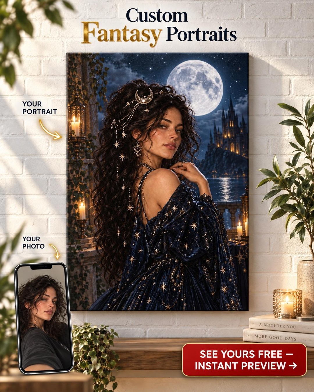 Moonlit Star Witch Custom Portrait from Photo | Personalized For Her Gift