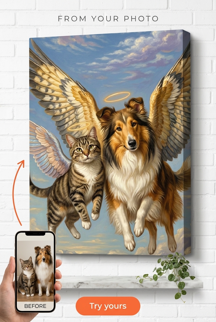 Custom Pet Portrait Canvas — Whimsical Angel Wings Multi-Pet Art