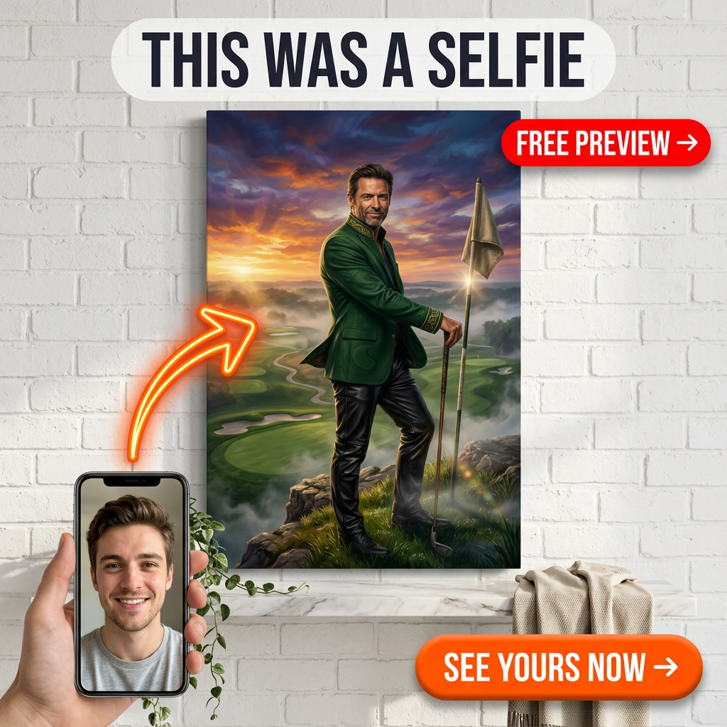 Custom Golf Man Portrait — Whimsical Green Legend Canvas