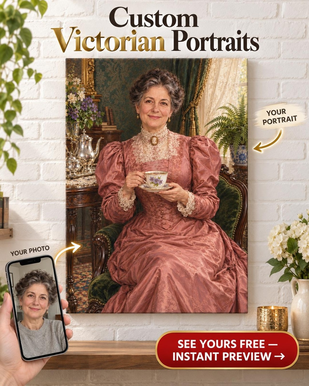 Victorian Lady at Tea Custom Portrait from Photo | Personalized Tea Lover Gift