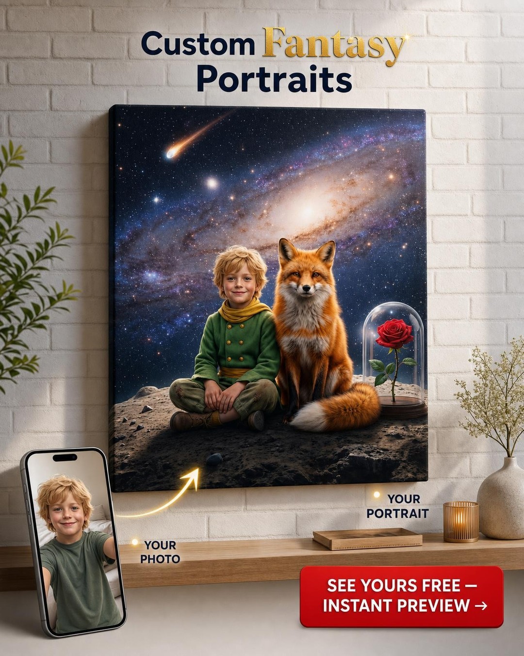 Fantasy Boy & Fox Custom Portrait from Photo | Personalized Canvas Gift