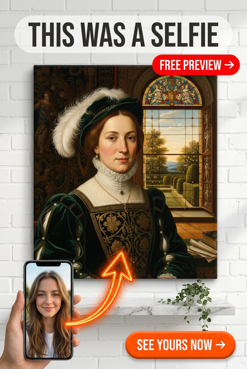 Custom Renaissance Woman Portrait — Regal Feathered Hat Canvas