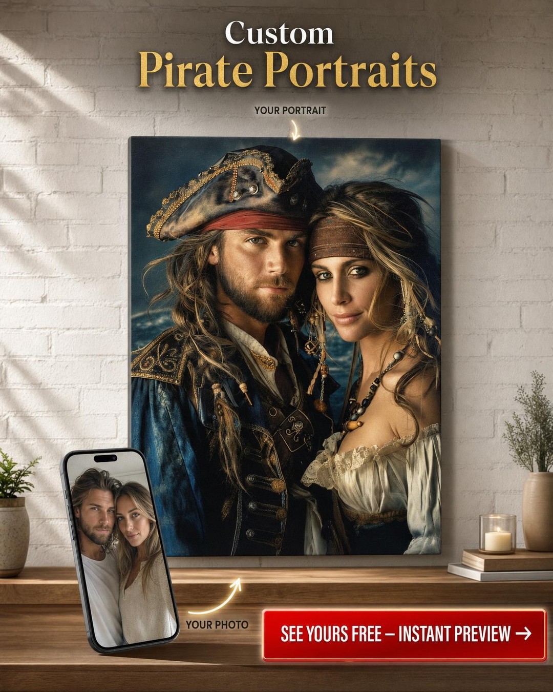 Custom Pirate Couple Portrait — Canvas Art from Photo