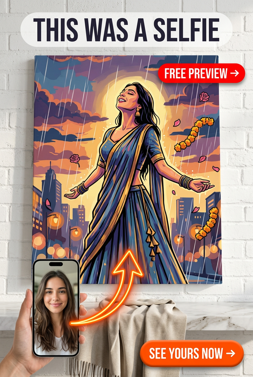 Custom Pop Art Woman Portrait — Whimsical City Rain Canvas
