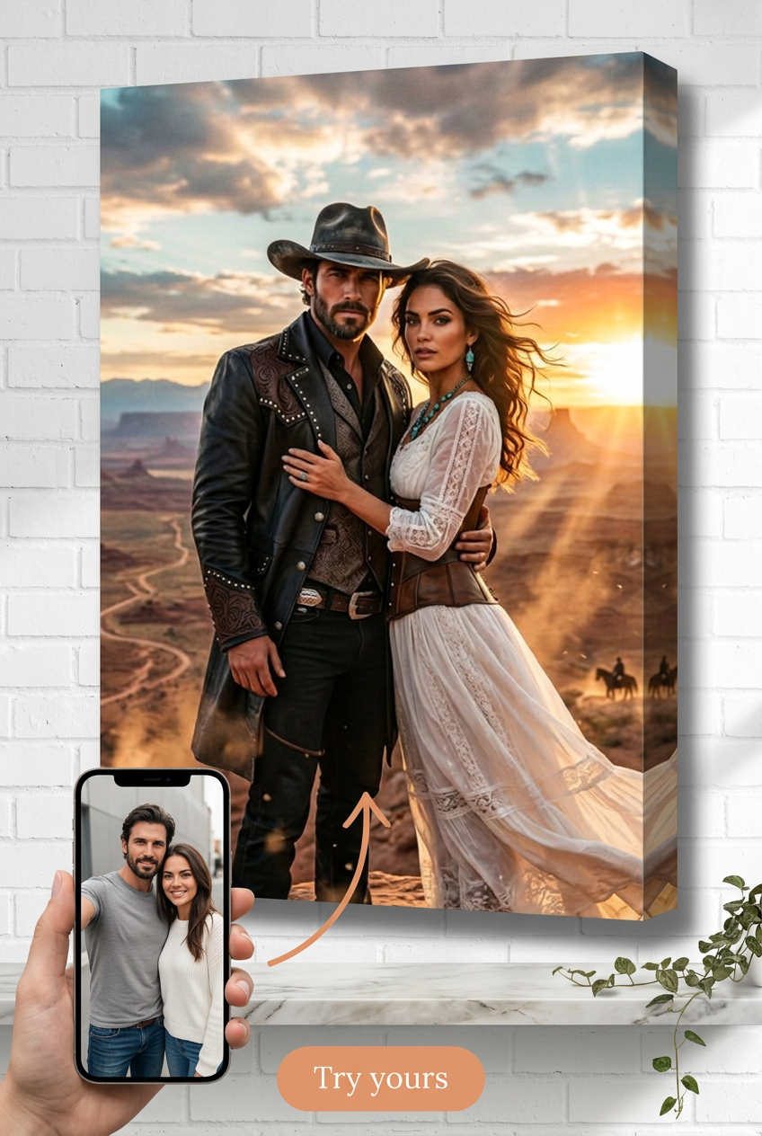Custom Cowboy Couple Portrait Canvas — Romantic Western Art from Photo