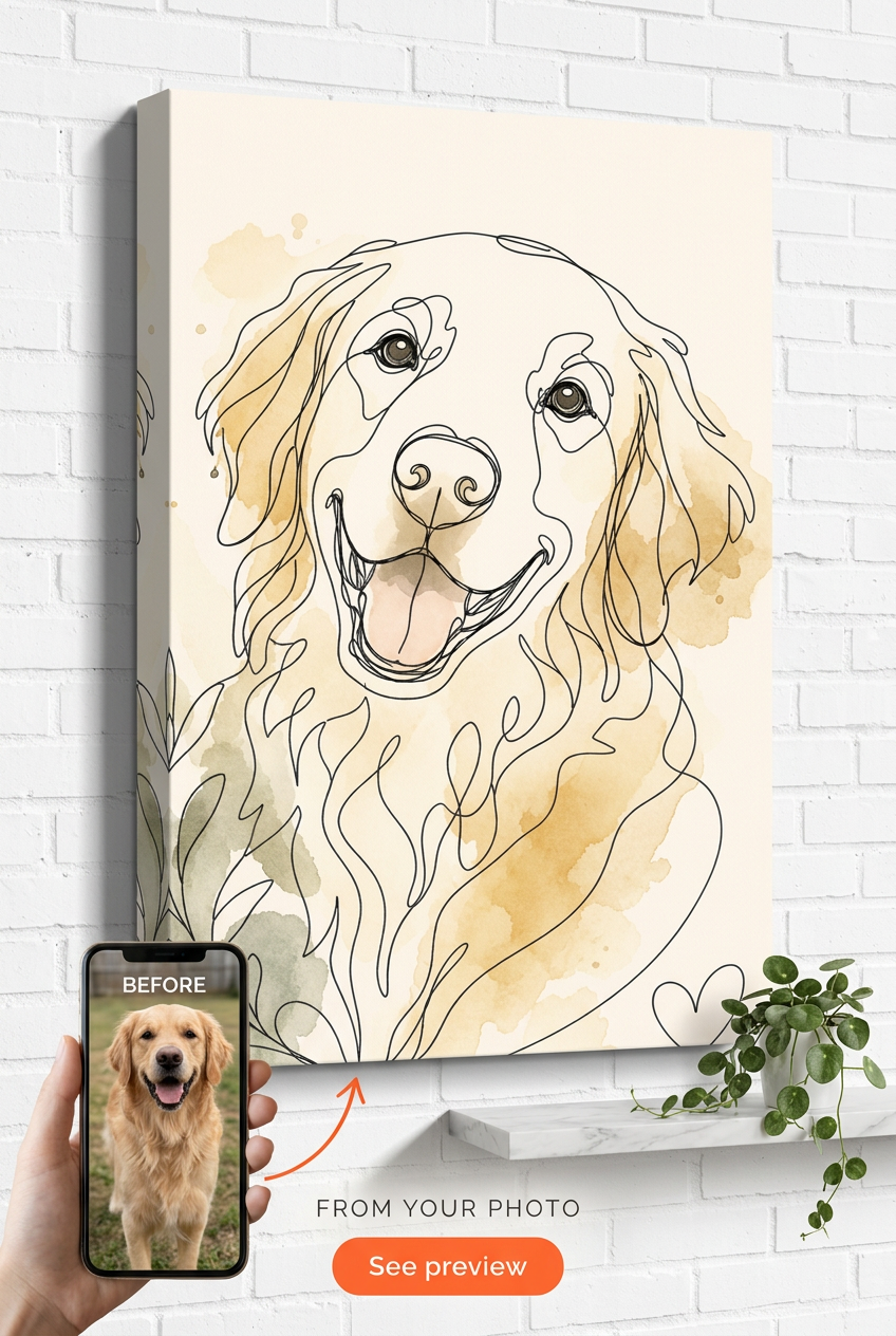 Line Art Couple Portrait — Whimsical Pet Canvas from Photo