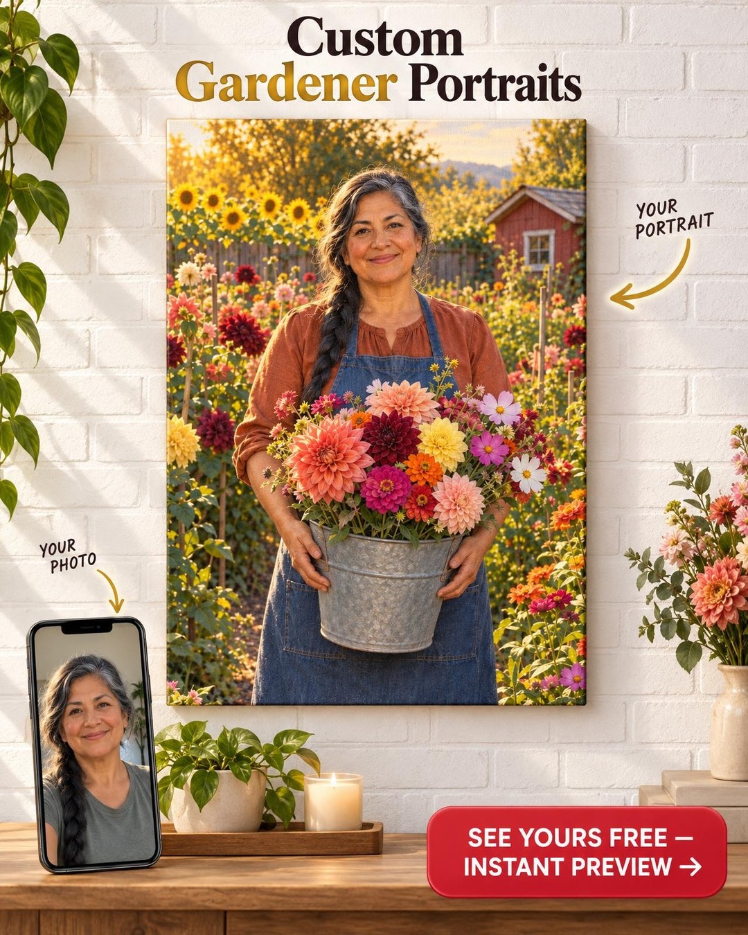 Cutting Garden Dahlia Custom Portrait from Photo | Personalized Gardener Gift