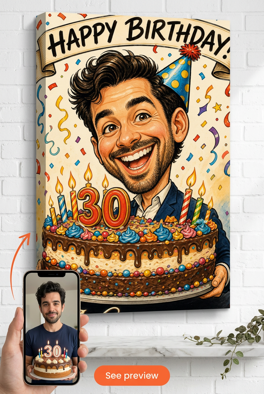 Birthday Milestone Caricature Custom Portrait from Photo | Personalized Gift