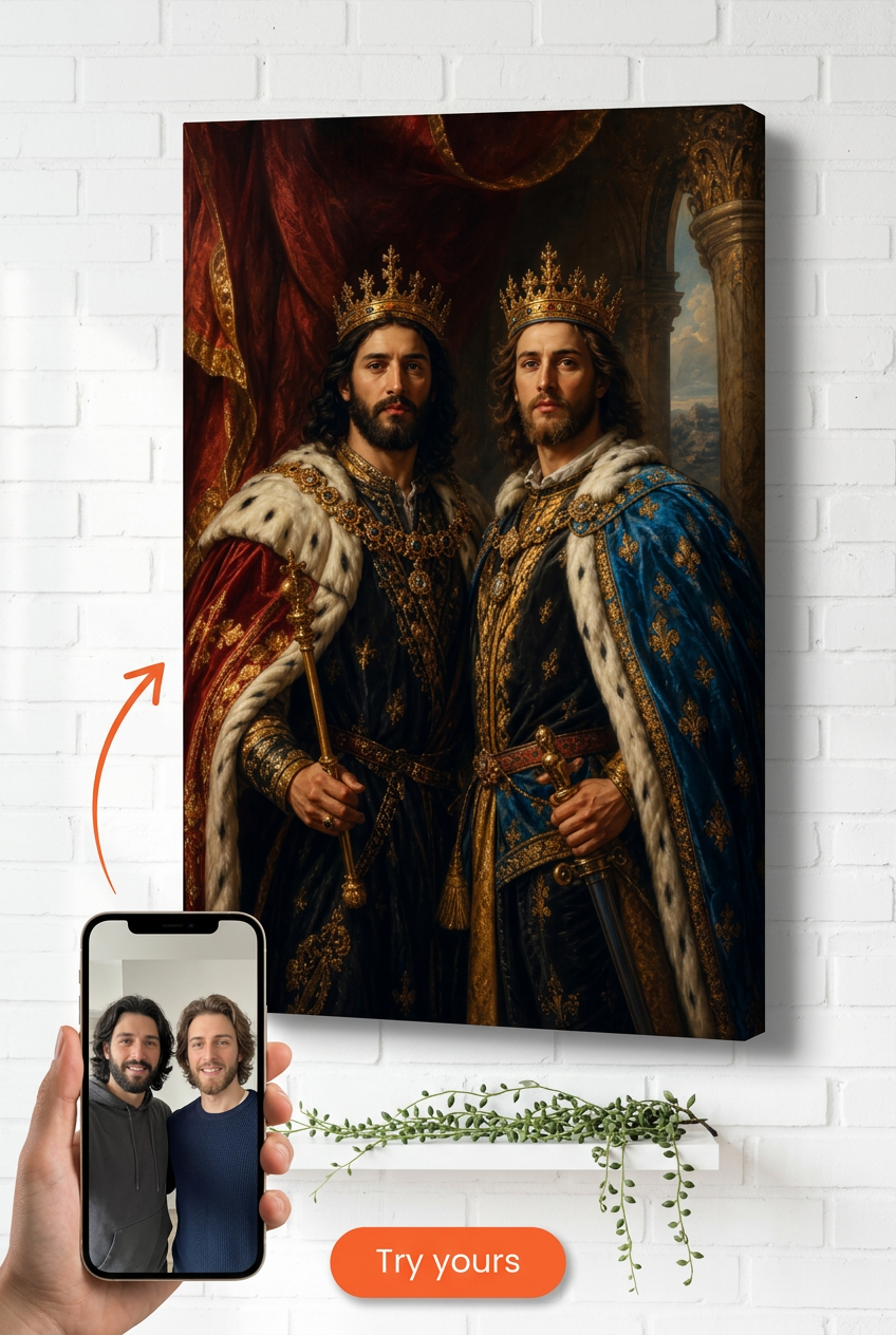 Custom Royal Couple Portrait — Regal Two Men Canvas from Photo