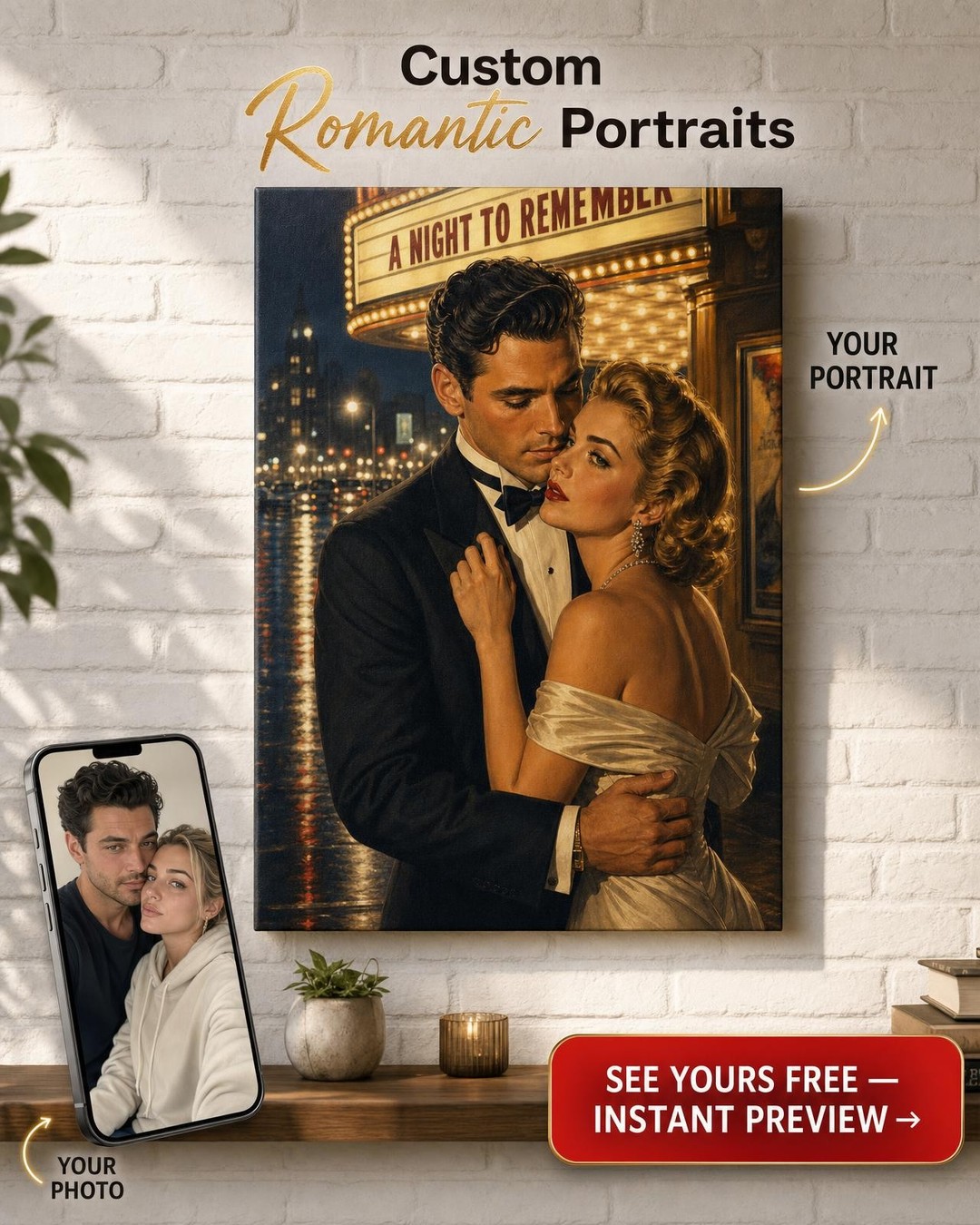 Silver Screen Romance Custom Portrait from Photo | Personalized Couples Gift