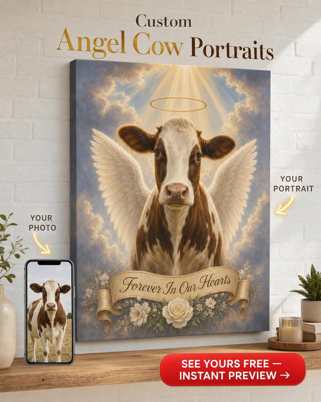 Custom Memorial Dog Portrait — Angel Wings Canvas from Photo