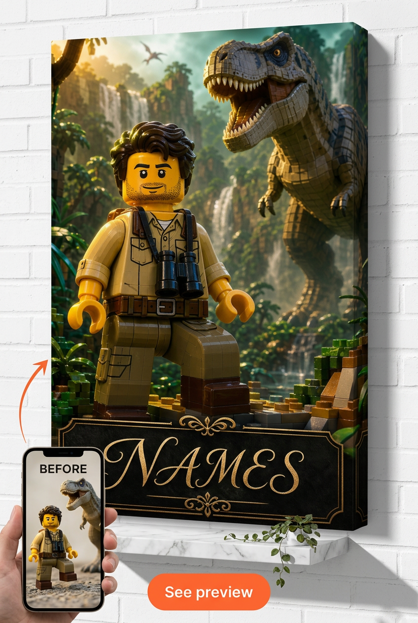Custom Brick Minifigure Jurassic Explorer Portrait from Photo | Personalized Gift