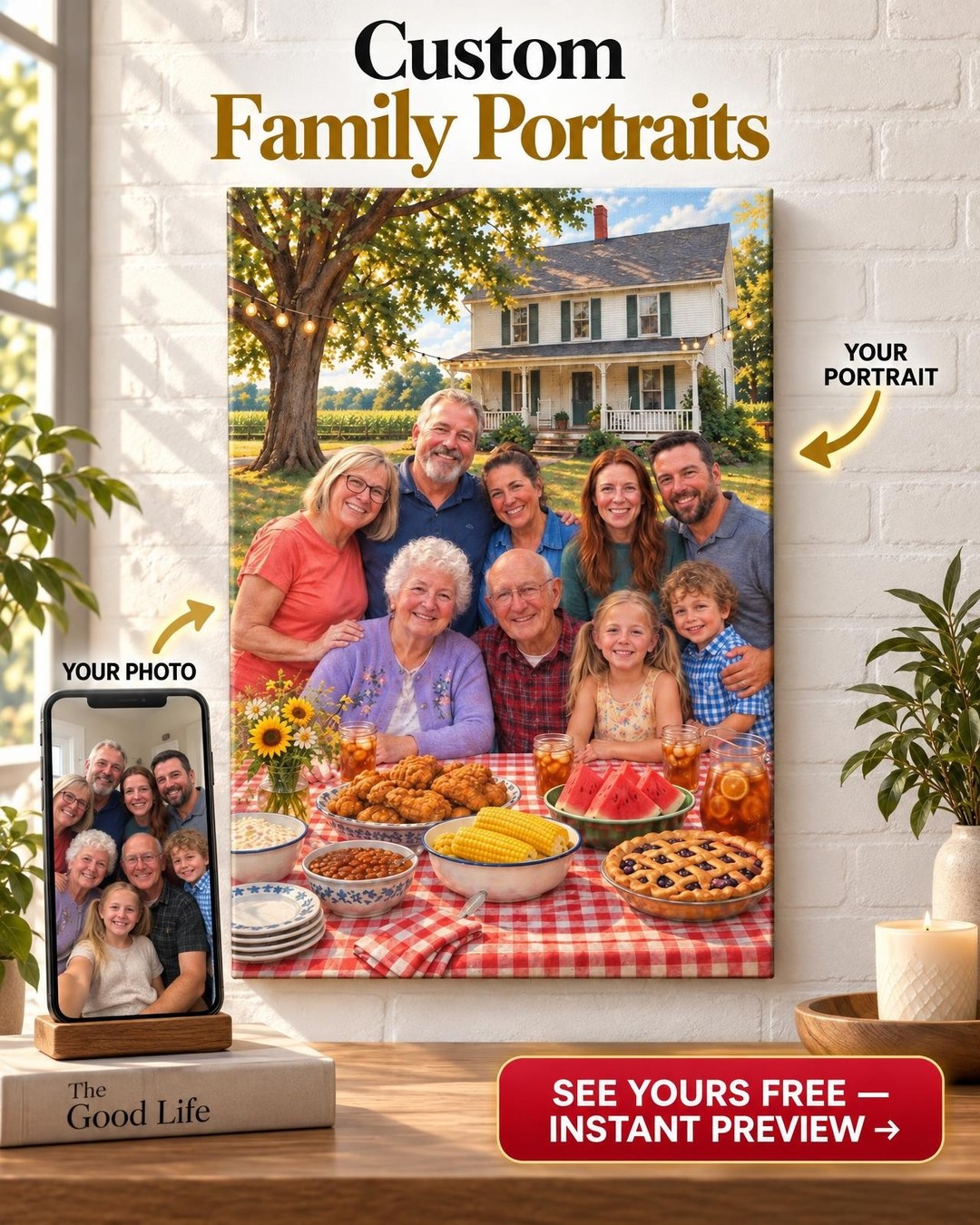 Family Reunion at the Old Home Place Custom Portrait from Photo | Personalized Childhood Home Gift