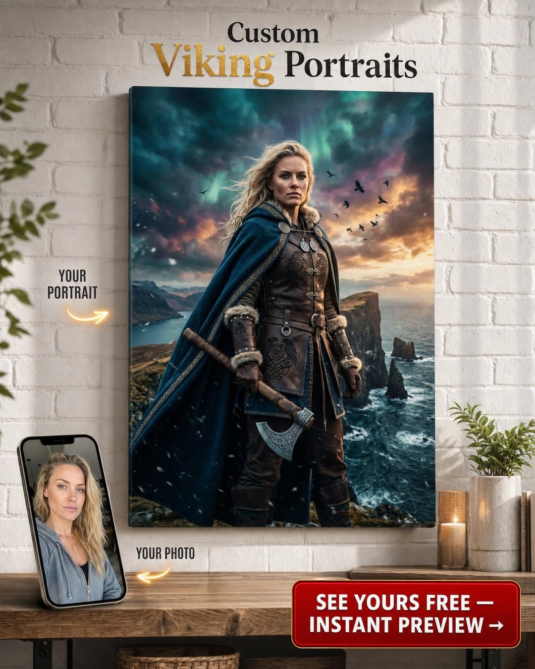 Custom Viking Man Portrait — Regal Warrior Canvas from Photo