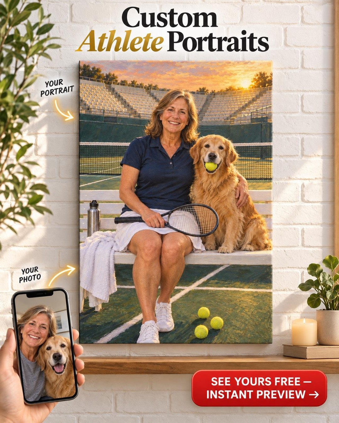 Tennis Player and Dog Custom Portrait from Photo | Personalized Tennis Gift
