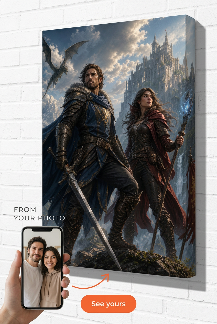 Custom Fantasy Couple Portrait — Heroic Adventure Canvas