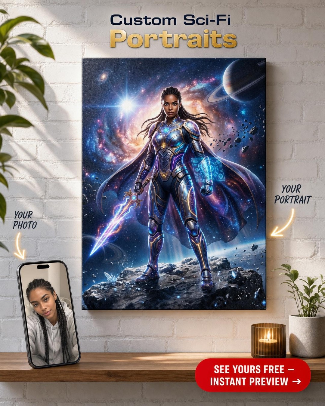 Custom Sci-Fi Woman Portrait — Heroic Space Warrior Canvas