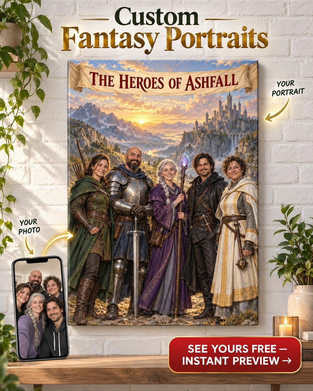 Epic Adventuring Party Custom Portrait from Photo | Personalized Tabletop Fantasy Portrait Gift